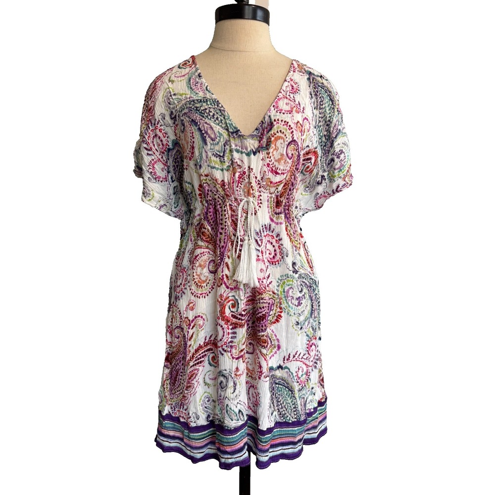 Lauren Ralph Lauren White Paisley Beach Cover-up Mini Dress Tie Waist Women's S